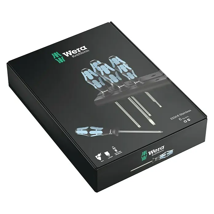 Wera Schraubendreher-Set Kraftform Stainless 3334/6 - 6 -tlg. - Bild einer Wera 3334/6 Stainless Schraubendreher-Satzverpackung, die die Werkzeuge und ihr Design zeigt.\n