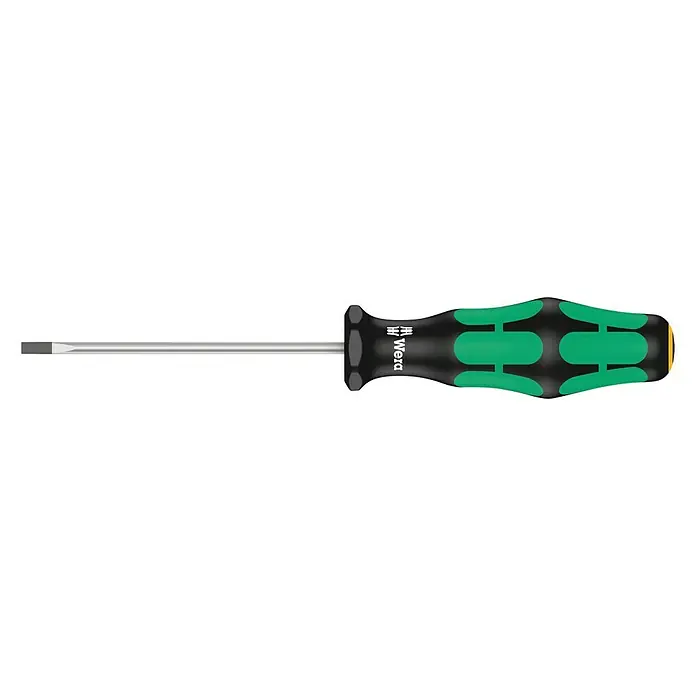 Wera Kraftform Plus Schraubendreher 335 - Klingenlänge: 80 mm, Klingenbreite: 3 mm - Wera Schlitz-Schraubendreher mit grün-schwarzem Griff, ideal für präzise Schraubarbeiten in Werkstatt und Haushalt. Ergonomisch und robust.