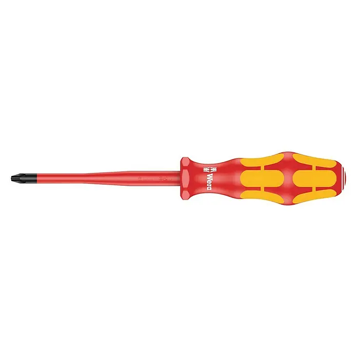 Wera Kraftform Plus Schraubendreher 162 ISS - PH 2, Klingenlänge: 100 mm - Wera Schraubendreher mit rotem Griff und gelben Akzenten. Ideal für präzise Schraubarbeiten und sicheren Halt.
