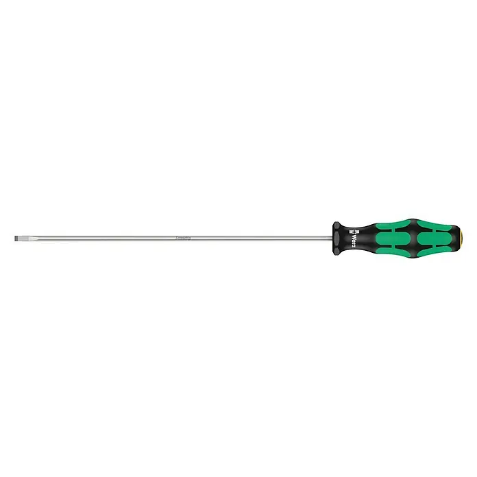 Wera Kraftform Plus Schraubendreher 335 - Klingenlänge: 200 mm, Klingenbreite: 3,5 mm - Ein Wera Schraubendreher mit grün-schwarzem Griff und Lasertip-Technologie für präzises Schrauben, ideal für professionelle Handwerker und Heimwerker.