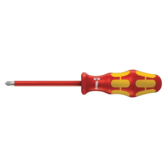 Wera Kraftform Plus VDE Schraubendreher 165 i PZ/S - Klingenlänge: 100 mm - Roter Wera Schraubendreher mit gelben Akzenten, ideal für präzise Schraubarbeiten. Ergonomischer Griff für komfortablen Halt.