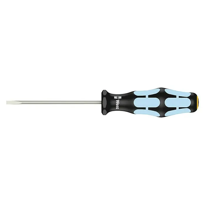 Wera Kraftform Plus Schraubendreher 3335 - Klingenlänge: 80 mm, Klingenbreite: 3 mm - Bild eines Wera-Schlitzschraubendrehers mit blauem Griff und silberner Klinge auf schwarzem Hintergrund.