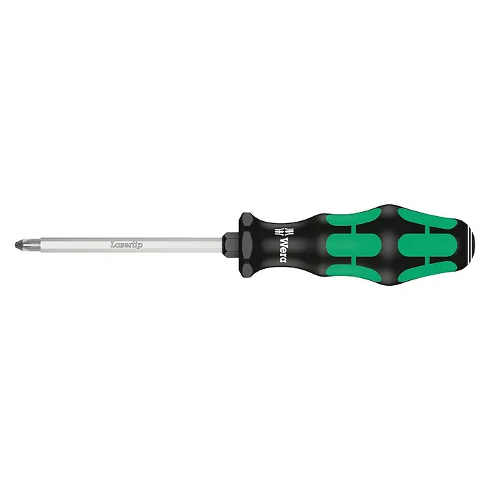 Wera Kraftform Plus Schraubendreher 355 SK PZ - PZ 2, Klingenlänge: 100 mm - Nahaufnahme eines Wera Schraubendrehers mit Lasertip, ideal für präzise Schraubarbeiten. Ergonomischer Griff für Komfort.