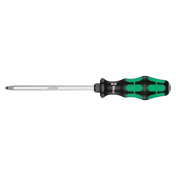 Wera Kraftform Plus Schraubendreher 355 SK PZ - PZ 3, Klingenlänge: 150 mm - Ein Wera 3550 Kreuzschlitzschraubendreher mit Laser Tip, ideal für präzise Schraubarbeiten und sicheren Halt in Schrauben.