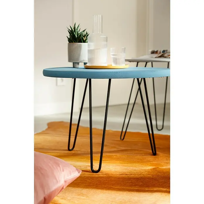 Wagner System Möbelfuß Hairpinlegs - Stahl, Höhe: 40 cm, Schwarz - Blauer runder Couchtisch mit schwarzem Metallgestell, dekoriert mit einer Pflanze und einer Wasserflasche.