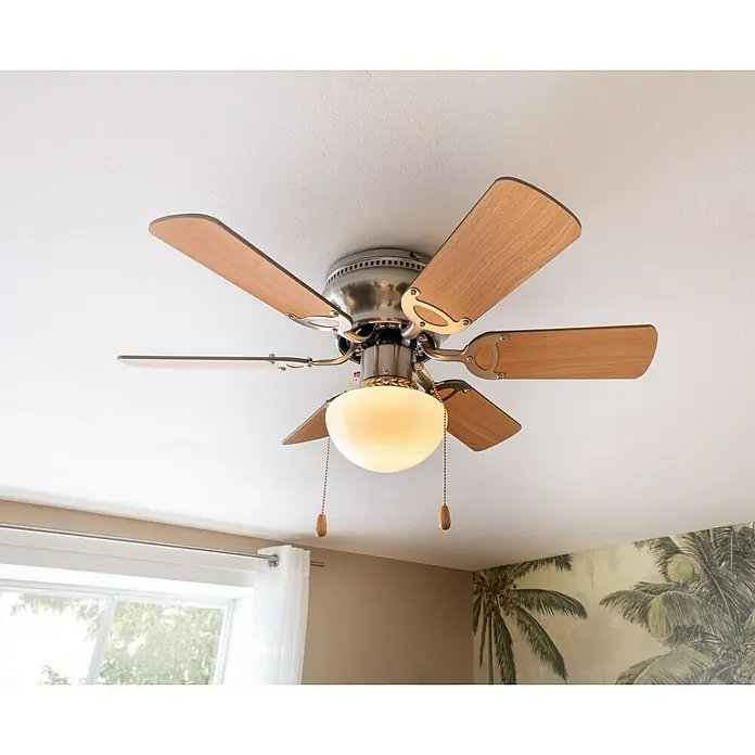 Voltomat Deckenventilator Ugo - Buche/Graphit, 76 cm, 60 W - Deckenventilator mit fünf Flügeln aus Holz und einer Glühbirne mit Zugband für eine einfache Bedienung.