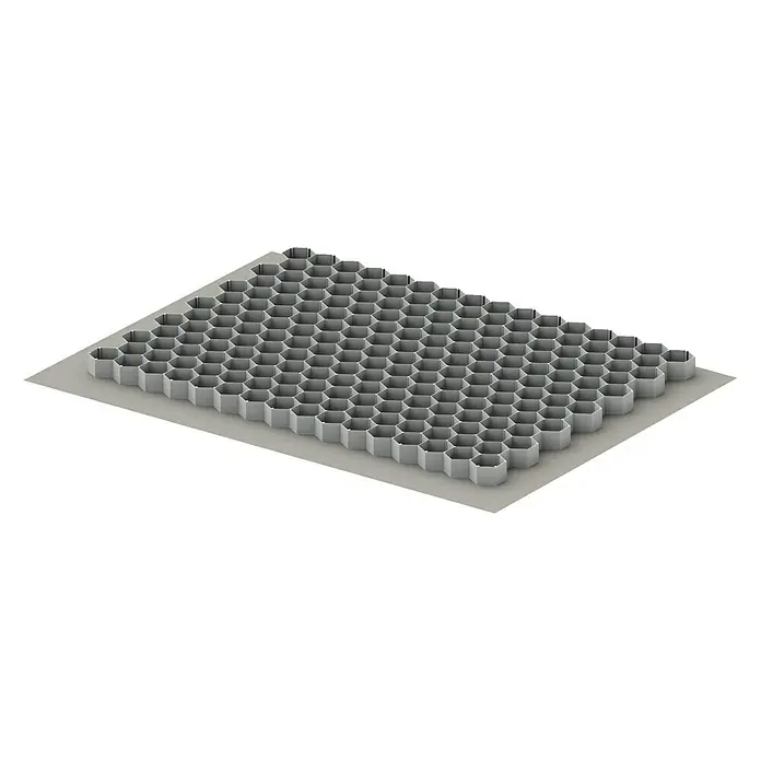 ACO Self Stabilisierungsmatte Kieswabe Eco - Polypropylen, 80 x 60 cm - Abbildung einer wabenförmigen Platte. Die Platte ist grau und besteht aus vielen sechseckigen Zellen.
