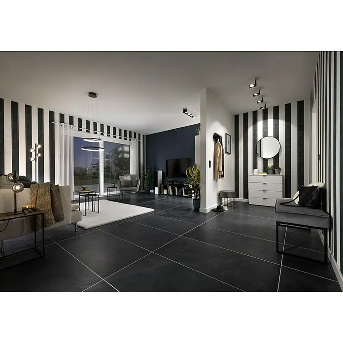 A.S. Création Vliestapete Life 2 - Schwarz/Metallic, Uni, 10,05 x 0,53 m - Ein stilvolles Wohnzimmer mit gestreiften Wänden, modernen Möbeln und auffälligen Leuchten für ein modernes Ambiente.