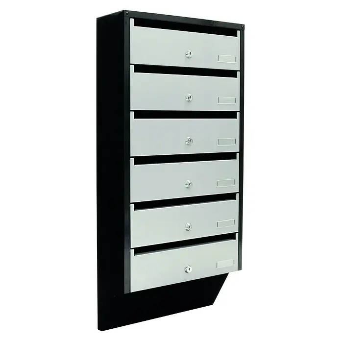 Rottner Briefkastenanlage - L x B x H: 38,5 x 14 x 82,4 cm, Schwarz/Silber, Stahl, Namensschild, Anzahl Modulplätze: 6 Stk. - Eine silberne Briefkastenanlage mit sechs Fächern in einem schwarzen Rahmen. Jedes Fach hat ein Schloss und ein Beschriftungsfeld.