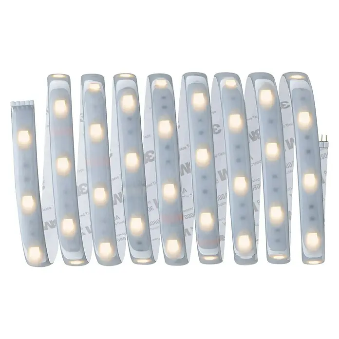 Paulmann MaxLED 250 Tira LED - Largo: 2,5 m, Color de luz: RGBW, 17 W, 675 lm, Ámbito de aplicación: Para exterior - Primer plano de una tira de luz LED enrollada, que emite un brillo blanco cálido, ideal para iluminación de acento en espacios interiores.
