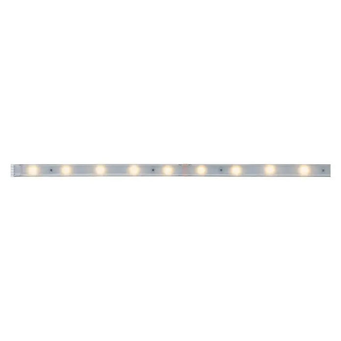 Paulmann MaxLED 250 Tira LED - Largo: 1 m, Color de luz: Blanco cálido, 4 W, 240 lm - Primer plano de una barra de luz LED con múltiples LED de color blanco cálido, montada en una carcasa elegante de color plateado, mostrando un diseño moderno.