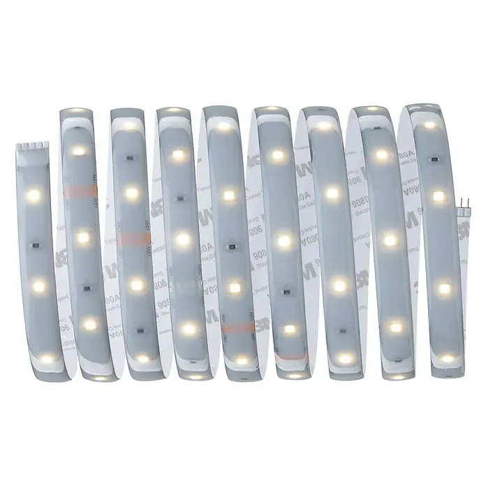 Paulmann MaxLED 250 Tira LED - Largo: 2,5 m, Color de luz: Blanco cálido, 10 W, 600 lm - Se muestra una tira de LED con respaldo adhesivo y diodos blancos cálidos enrollada, perfecta para soluciones de iluminación interior flexibles.
