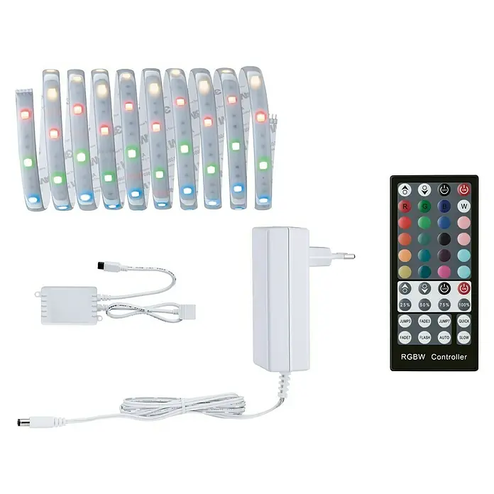 Paulmann MaxLED 250 Tira LED - Largo: 3 m, Color de luz: RGBW, 20 W, 690 lm - Esta imagen muestra un kit de tira de luz LED con control remoto, adaptador de corriente y accesorios, ideal para iluminación ambiental.