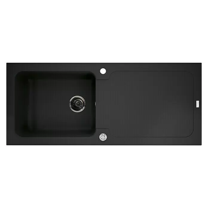 Carea Fregadero encastrable Botia - 118 x 50 cm, Negro, Material del fregadero: CAREAlitht® - Fregadero de cocina de composite negro con un seno, escurridor integrado, desagüe y dos orificios redondos para grifo y mando de vaciado.