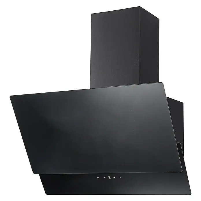 Respekta Schräghaube CH 66038-60SAM - Breite: 60 cm, Max. Gebläseleistung Abluftbetrieb: 567,9 m³/h, Schwarz - Schwarze Dunstabzugshaube vor schwarzem Hintergrund. Das Gerät ist modern und hat eine glatte Oberfläche.