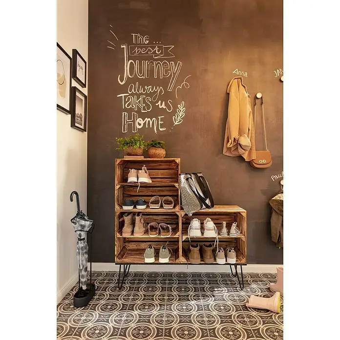 Holzregal Johanna - L x B x H: 40 x 50 x 30 cm, Holz, Braun - Attraktiver Schuhschrank aus Holzkisten mit Haarnadelbeinen im Flur, der rustikalen Charme mit praktischer Aufbewahrung verbindet.