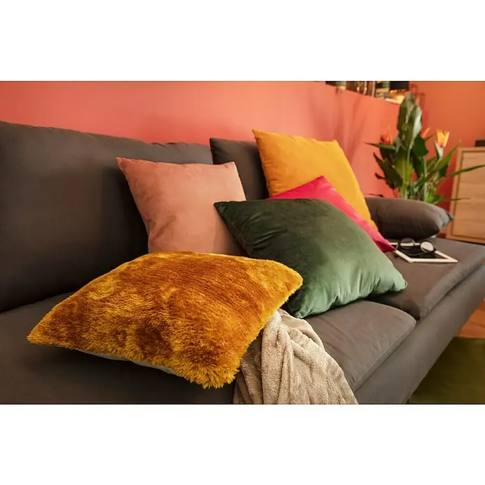 Alpina Wandfarbe Feine Farben - Befreiter Feuervogel, Matt, 2,5 l, Konservierungsmittelfrei - Nahaufnahme eines grauen Sofas mit bunten Zierkissen in Gelb, Orange, Rosa und Grün.