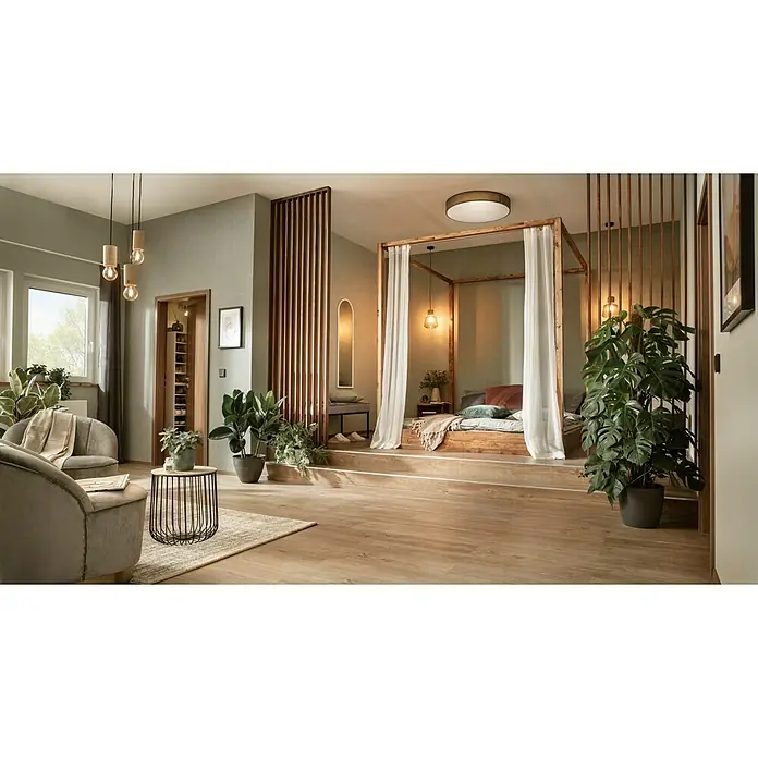 SCHÖNER WOHNEN-Kollektion Vliestapete Unistruktur - Olivgrün, Uni, 10,05 x 0,53 m - Einladender Wohnraum mit Holzboden, stylischer Einrichtung und Pflanzen, die eine warme und natürliche Atmosphäre schaffen.
