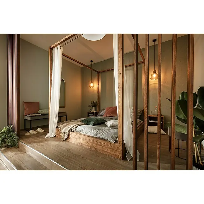 CoBaM Konstruktionsholz - 220 x 4 x 4,2 cm, Bambus - Einladendes Schlafzimmer mit Himmelbett, weichen Textilien und warmen Holztönen für eine entspannte Atmosphäre. Stilvolle Akzente.