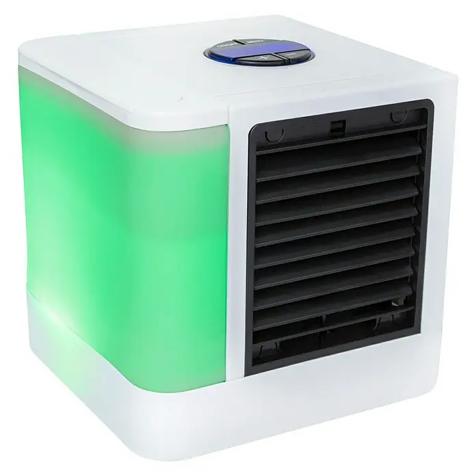 Proklima Luftkühler Mini USB - LED, 5 W - Tragbarer Mini-Luftkühler mit grüner Beleuchtung und Bedienelementen oben.