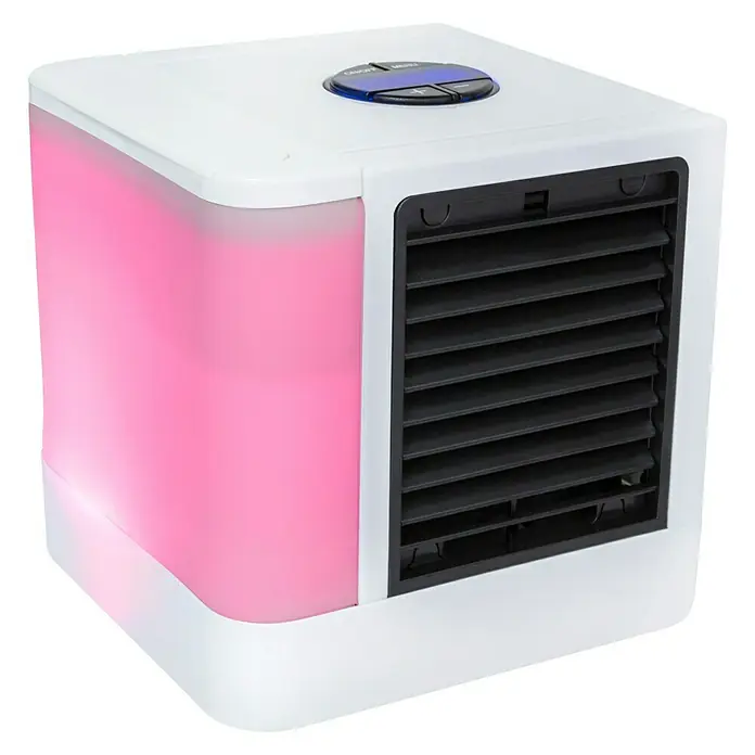 Proklima Luftkühler Mini USB - LED, 5 W - Nahaufnahme eines tragbaren Mini-Luftkühlers mit pinkfarbener Beleuchtung, der eine erfrischende Atmosphäre schafft.