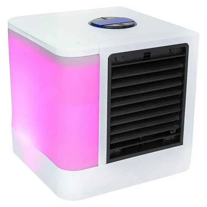 Proklima Luftkühler Mini USB - LED, 5 W - Ein tragbarer, würfelförmiger Luftkühler mit rosa Licht und Bedienfeld auf der Oberseite. Ideal für den persönlichen Gebrauch.