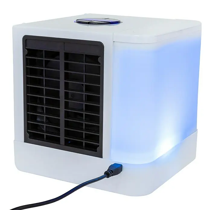 Proklima Luftkühler Mini USB - LED, 5 W - Bild einer tragbaren Klimaanlage mit blauer Beleuchtung, ideal für den persönlichen Gebrauch.