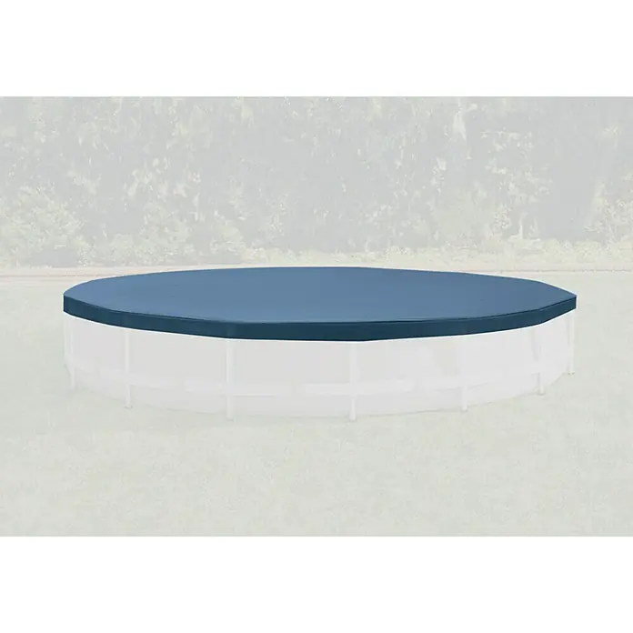 Intex Pool-Abdeckplane - Durchmesser: 457 cm, Passend für: Intex Frame Pool Ø 457 cm, Rund - Das Bild zeigt eine blaue Poolabdeckung, die über einem runden Pool angebracht ist. Die Abdeckung schützt den Pool vor Schmutz und Laub.
