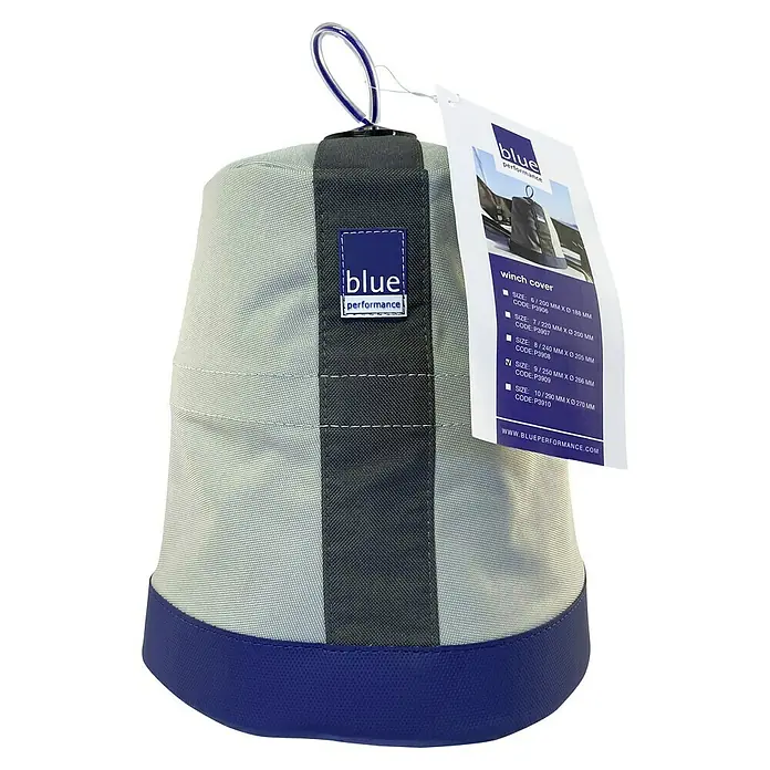 Blue Performance Windenabdeckung - Ø x H: 266 x 254 mm, Grau/Blau - Das Bild zeigt eine graue Blue Performance Winschenabdeckung mit einem blauen Rand und einem Etikett, das die Größenoptionen angibt.