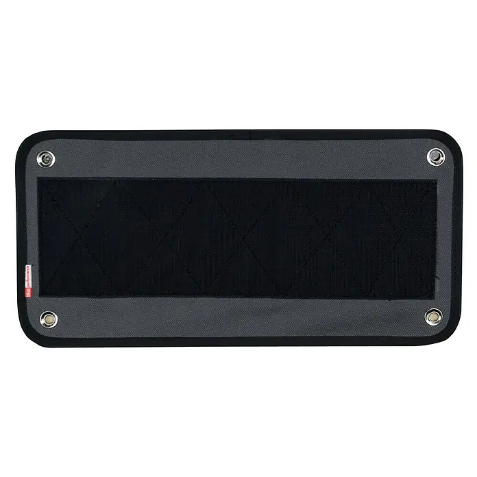Blue Performance Klettpad - L x B: 210 x 420 mm, Schwarz - Ein rechteckiges, schwarzes Paneel mit grauer Umrandung und vier silbernen Ösen an den Ecken ist abgebildet. Das Paneel ist zur Befestigung an Ausrüstung konzipiert.
