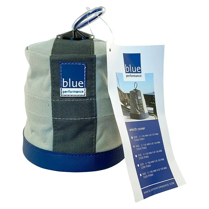 Blue Performance Windenabdeckung - Ø x H: 196 x 168 mm, Grau/Blau - Nahaufnahme einer blauen Performance-Windenabdeckung, die auf einem schwarzen Hintergrund zum Verkauf angeboten wird.