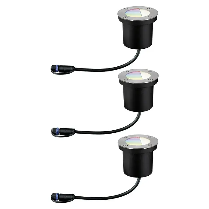 Paulmann Plug & Shine Basis-Set LED-Bodeneinbauleuchte Smart Home Zigbee - 3,6 W, Silber, Ø x H: 9,8 x 9,2 cm, Per App steuerbar, IP65 - Drei Bodeneinbaustrahler mit schwarzem Gehäuse und silberner Blende, verbunden durch schwarze Kabel.