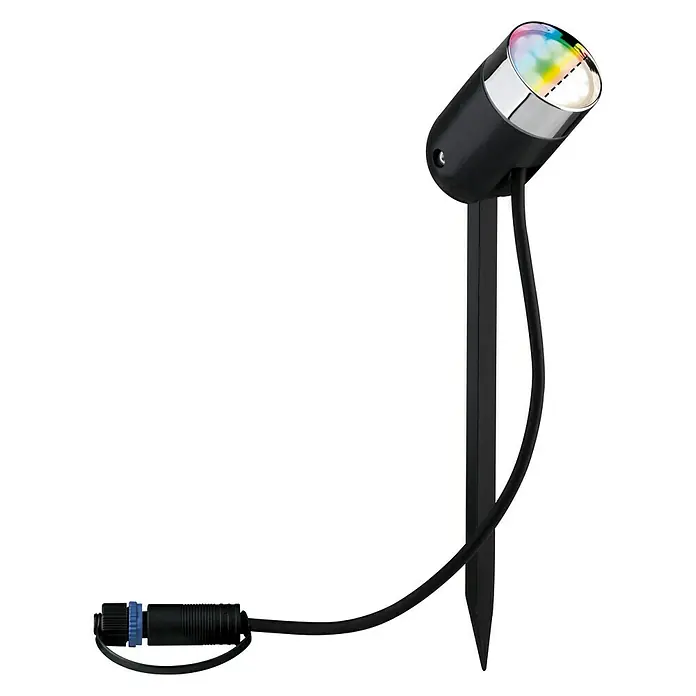 Paulmann Plug & Shine Basis-Set LED-Gartenstrahler Pike Smart Home Zigbee 3.0 - Anthrazit, Ø x H: 5 x 22,5 cm, 4,5 W, Per App steuerbar, IP44, 3 Stk. - Gartenstrahler mit Erdspieß und mehrfarbigem Licht. Der Strahler ist schwarz und hat einen silbernen Ring am Kopf. Er wird mit einem Stecker verbunden.