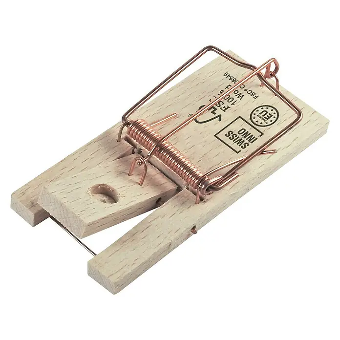 Swissinno Classic Mausefalle - Schlagfalle, Holz - Eine klassische Schlagfalle für Mäuse, aus Holz gefertigt, mit einem Drahtbügelmechanismus zum schnellen Fangen von Nagetieren.