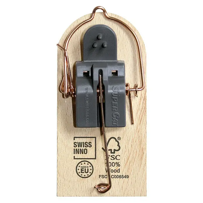 Swissinno SuperCat Mausefalle - Schlagfalle, Holz, 2 Stk. - Super Cat Mausefalle aus Holz, mit einem robusten Metallbügel und einer Falle aus grauem Kunststoff, auf der "Super Cat" steht.