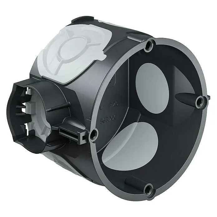 Kaiser Schalterdose ECON 10 - 60 x 46 mm, 1-fach, Schwarz, Winddicht, 1 Stk. - Nahaufnahme einer grauen Abzweigdose für Elektroinstallationen. Sie verfügt über Ausbrechöffnungen und Befestigungslöcher für die Montage.