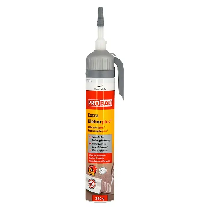 Probau Montagekleber Extra Kleber plus - Weiß, 200 ml - Abbildung einer Kartusche PROBAU Extra Kleber Plus, ideal für Holz, Porenbeton, Keramik und Styropor mit sehr schneller Durchhärtung.