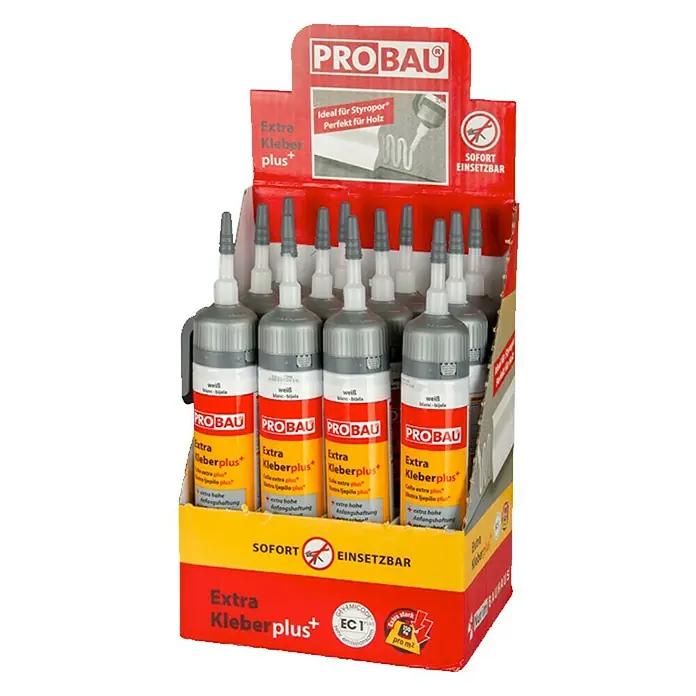 Probau Montagekleber Extra Kleber plus - Weiß, 200 ml - Präsentation von ProBau Extra Kleber plus+ Klebstoffkartuschen, ideal für Styropor und Holz. Sofort einsatzbereit für diverse Anwendungen.