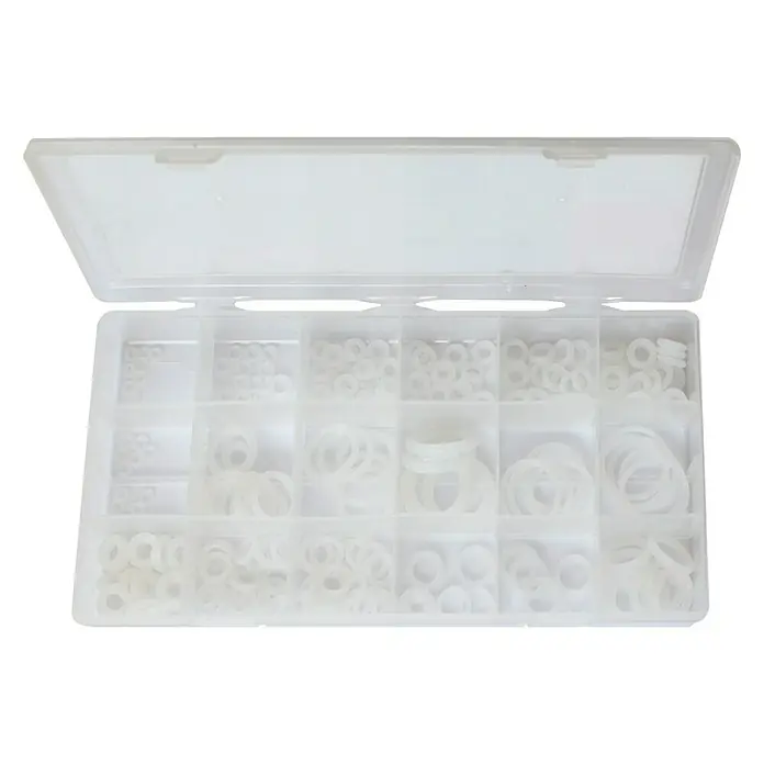 BAUHAUS O-Ring-Sortiment - 225 Stk., Gummi - Sortiment von weißen Dichtungsringen in einer transparenten Kunststoffbox, ideal für Sanitäranwendungen und Reparaturen.