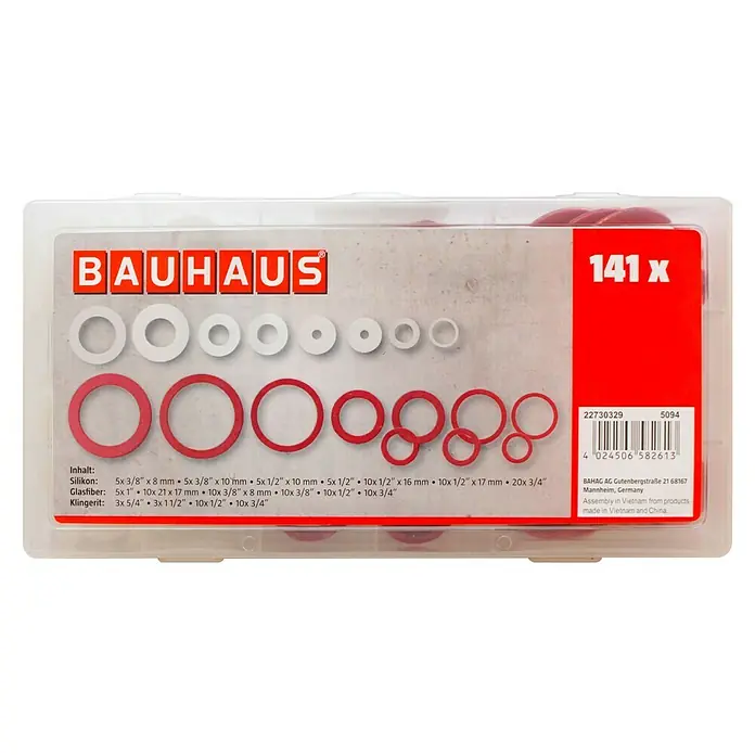 BAUHAUS Dichtungsringsortiment - 141 Stk. - Sortiment mit 141 Dichtungsringen von Bauhaus, ideal für Sanitär- und Heizungsinstallationen. Verschiedene Größen aus Silikon, Glasfaser und Klingerit.