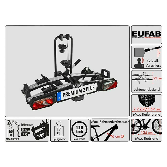 EUFAB Premium II 2-Bike Anhängerkupplungs-Fahrradträger - Schwarz/Aluminium  online kaufen