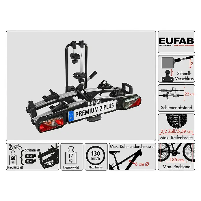 Eufab Fahrradträger Premium II Plus - Geeignet für: E-Bikes, Traglast: 60 kg - Abbildung eines Eufab Premium 2 Plus Fahrradträgers mit technischen Daten wie Lasten und Maße.