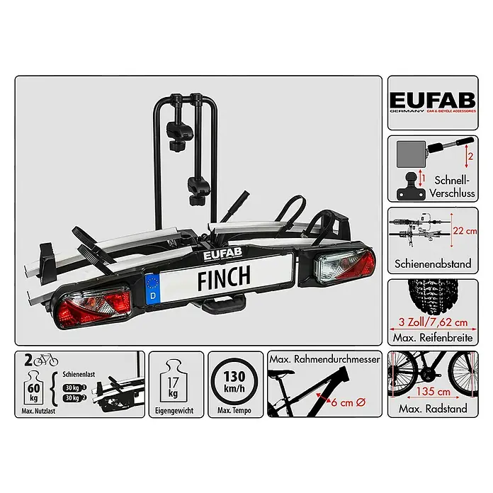 Eufab Fahrradträger Finch - Geeignet für: 2 Fahrräder/E-Bikes, Traglast: 60 kg - Abbildung des Eufab Finch Fahrradträgers mit technischen Details wie Gewicht, Abmessungen und maximaler Geschwindigkeit.