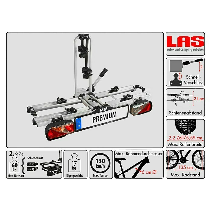 LAS Fahrradträger PremiumGeeignet für: 2 Fahrräder, Traglast: 60 kg, Passend für: Fahrzeuge mit Anhängerkupplung Unknown