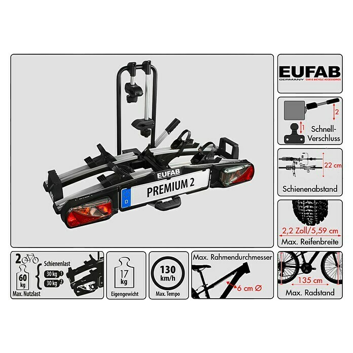 Eufab Fahrradträger Premium für: BAUHAUS | 2 kg) 60 E-Bikes, Traglast: (Geeignet