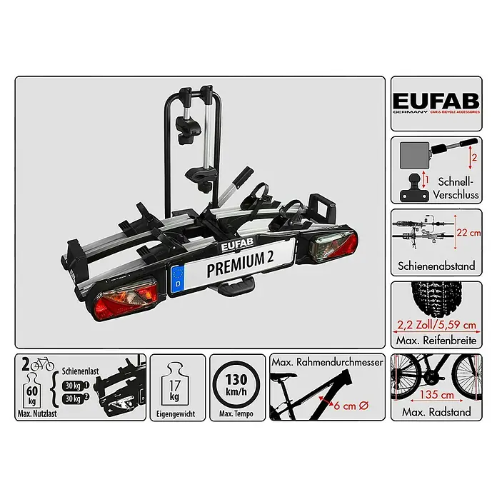 Eufab Fahrradträger Premium 2 - Geeignet für: E-Bikes, Traglast: 60 kg - Abbildung eines Eufab Premium 2 Fahrradträgers mit technischen Details zu Last, Maßen und Kompatibilität.