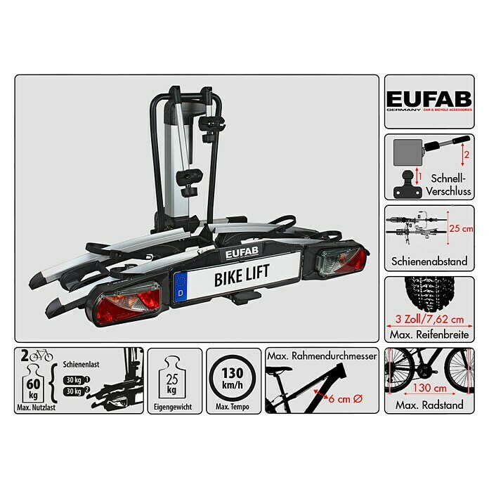 Eufab Fahrradträger Bike LiftGeeignet für: 2 Fahrräder, Traglast: 60 kg, Passend für: Fahrzeuge mit Anhängerkupplung Unknown