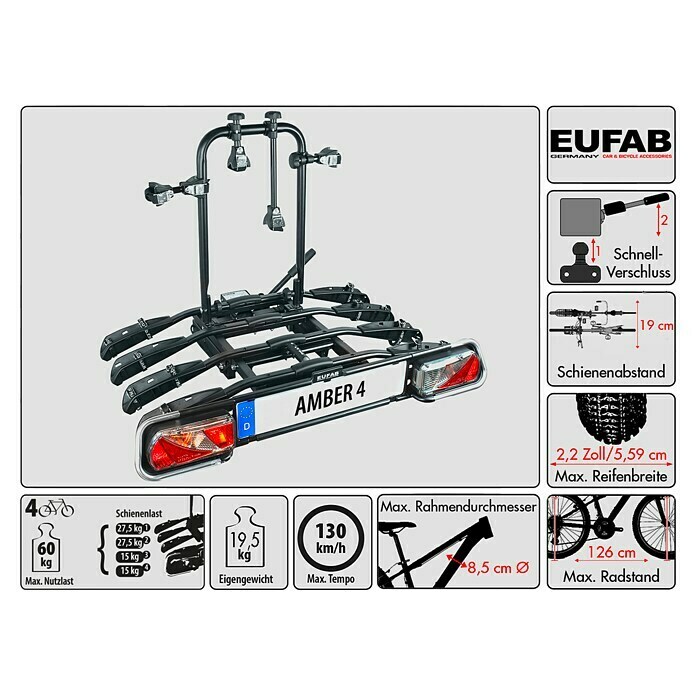 Eufab Fahrradträger Amber 4Geeignet für: 4 Fahrräder, Traglast: 60 kg, Passend für: Fahrzeuge mit Anhängerkupplung Unknown