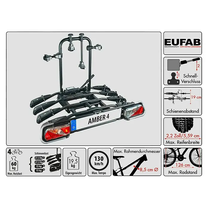 Eufab Fahrradträger Amber IV - Geeignet für: 4 Fahrräder, Passend für: Fahrzeuge mit Anhängerkupplung - EUFAB Amber 4 Fahrradträger mit technischen Daten zu max. Nutzlast, Eigengewicht, Reifengröße, Rahmendurchmesser und Radstand.