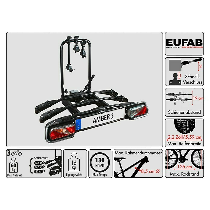 Eufab Fahrradträger Amber 3Geeignet für: 3 Fahrräder, Passend für: Fahrzeuge mit Anhängerkupplung Unknown
